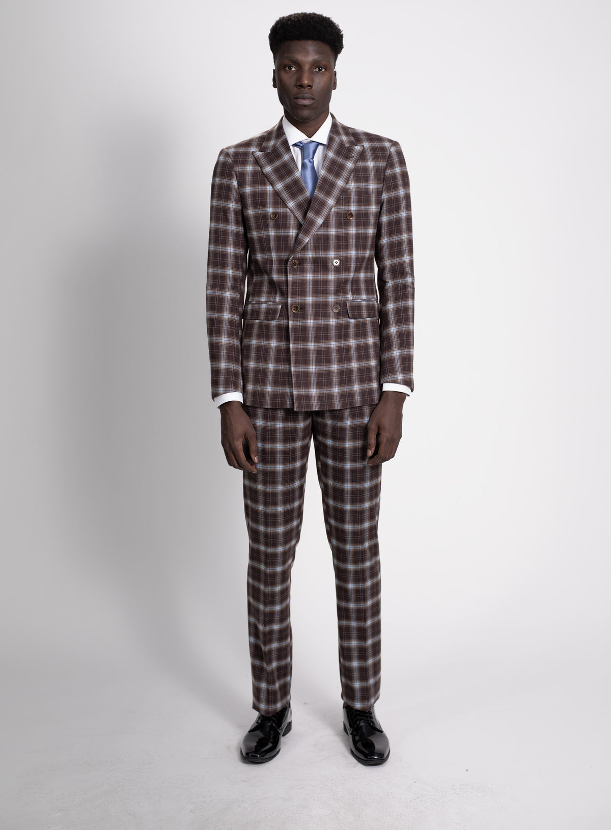 brown blue plaid — $79