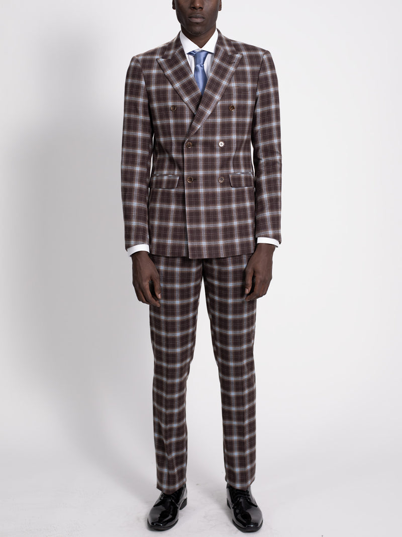 Brown Blue Plaid Double Breasted Suit