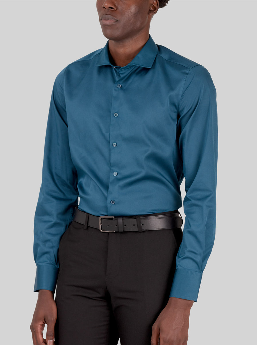 Slim Fit Dress Shirt in Dark Blue Emerald with Stretch, 3X-Large by Alain Dupetit Slim Fit Dress Shirt in Dark Blue Emerald with Stretch, 3X-Large by Alain Dupetit