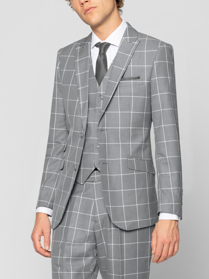 Grey Windowpane Three Piece Peak Lapel Ticket Pocket Suit