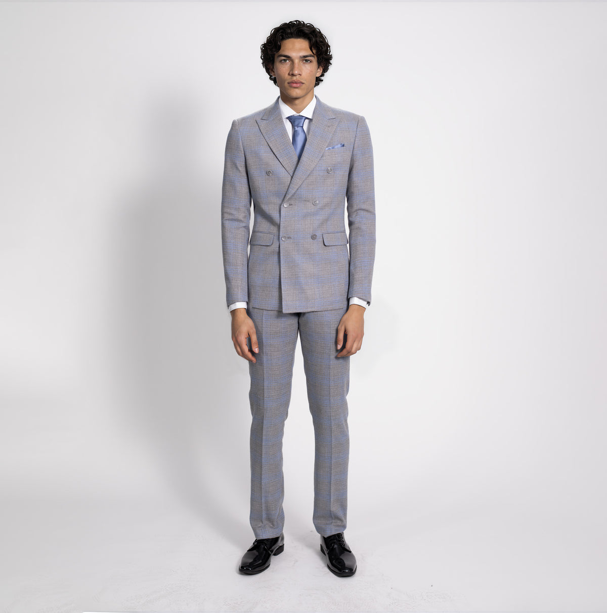 light grey blue <br>double breasted — $99
