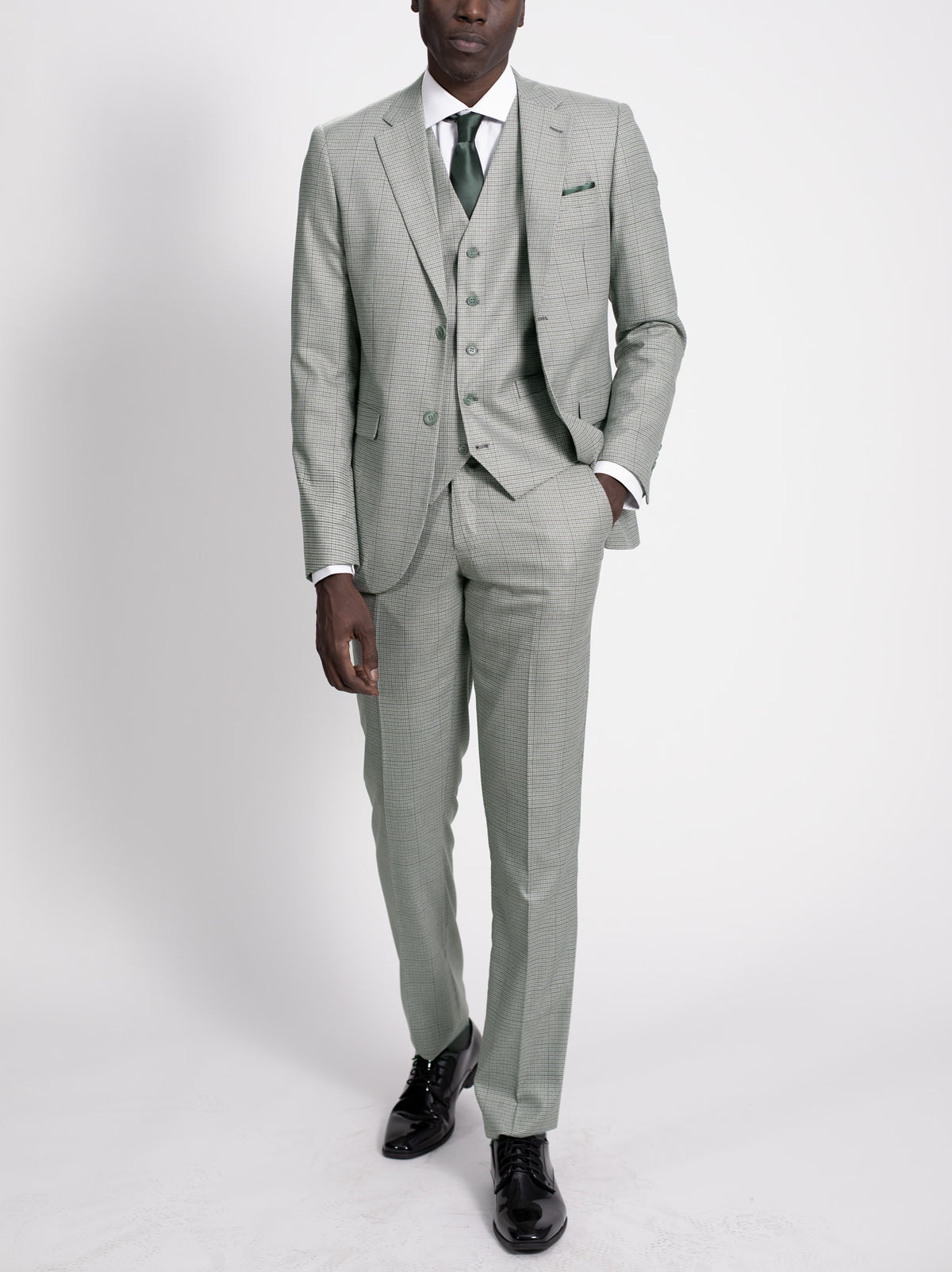 Light Olive Houndstooth Check Three Piece Suit