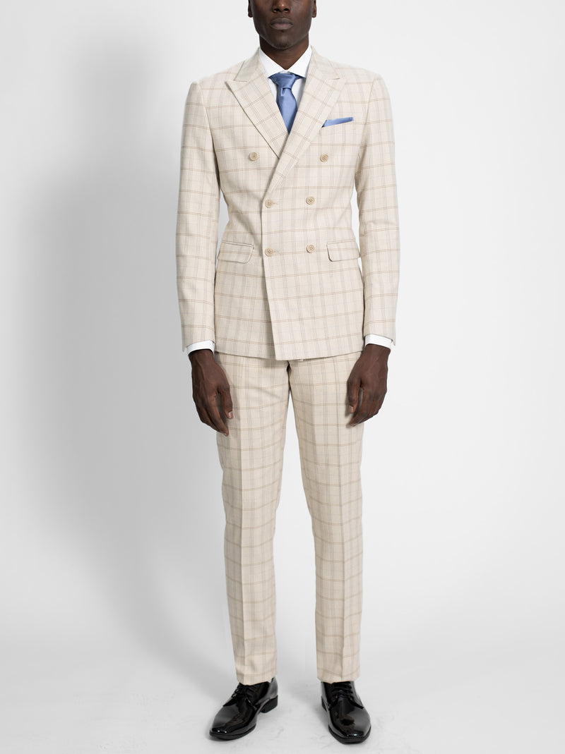 Tan Herringbone Plaid Double Breasted Suit