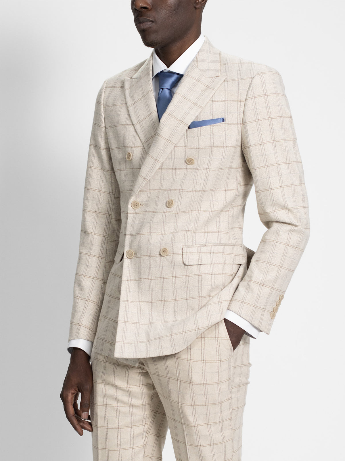 tan herringbone <br>doulbe breasted — $99