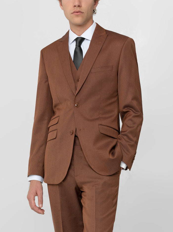 Rust Birdseye Three Piece Peak Lapel Ticket Pocket Suit