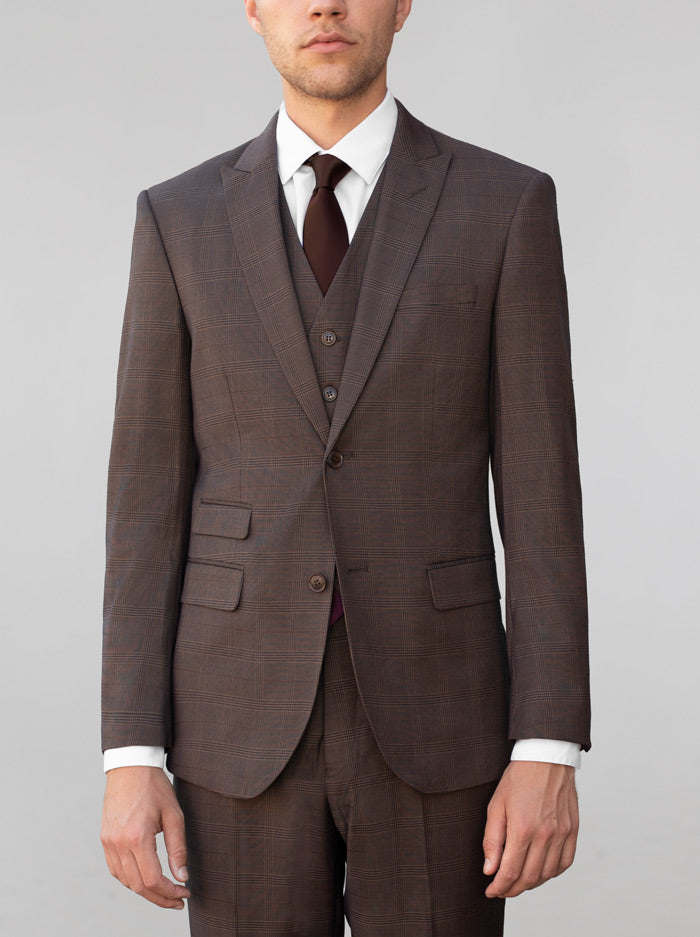 Brown Plaid Three Piece Peak Lapel Ticket Pocket Suit
