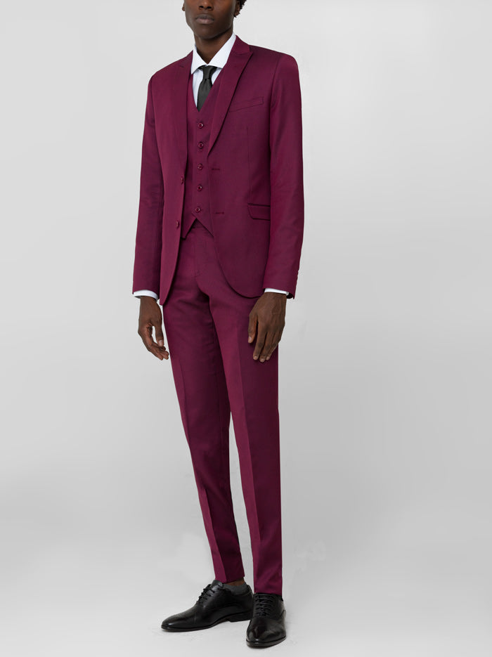 Burgundy Birdseye Three Piece Peak Lapel Ticket Pocket Suit