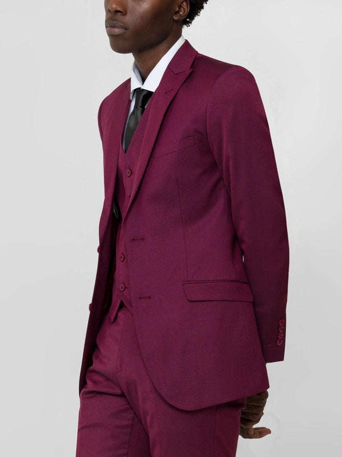 Burgundy Birdseye Three Piece Peak Lapel Ticket Pocket Suit