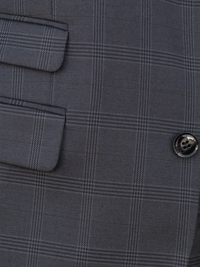 Blue Grey Plaid Two Button Peak Lapel Ticket Pocket Suit