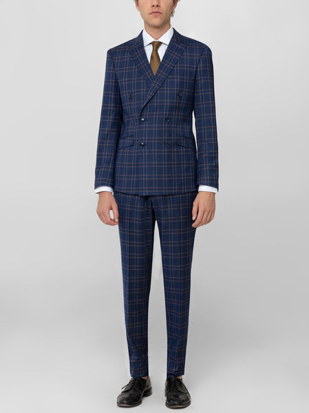 Dark Blue & Tan Windowpane Double Breasted Suit