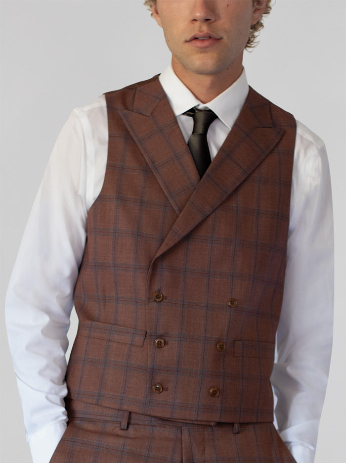 Rust Plaid Three Piece Double Breasted Vest Suit
