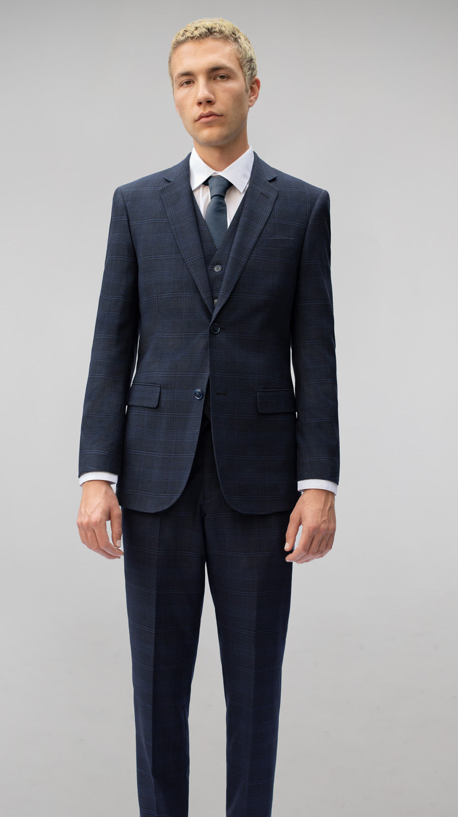 blue grey plaid 3-piece suit