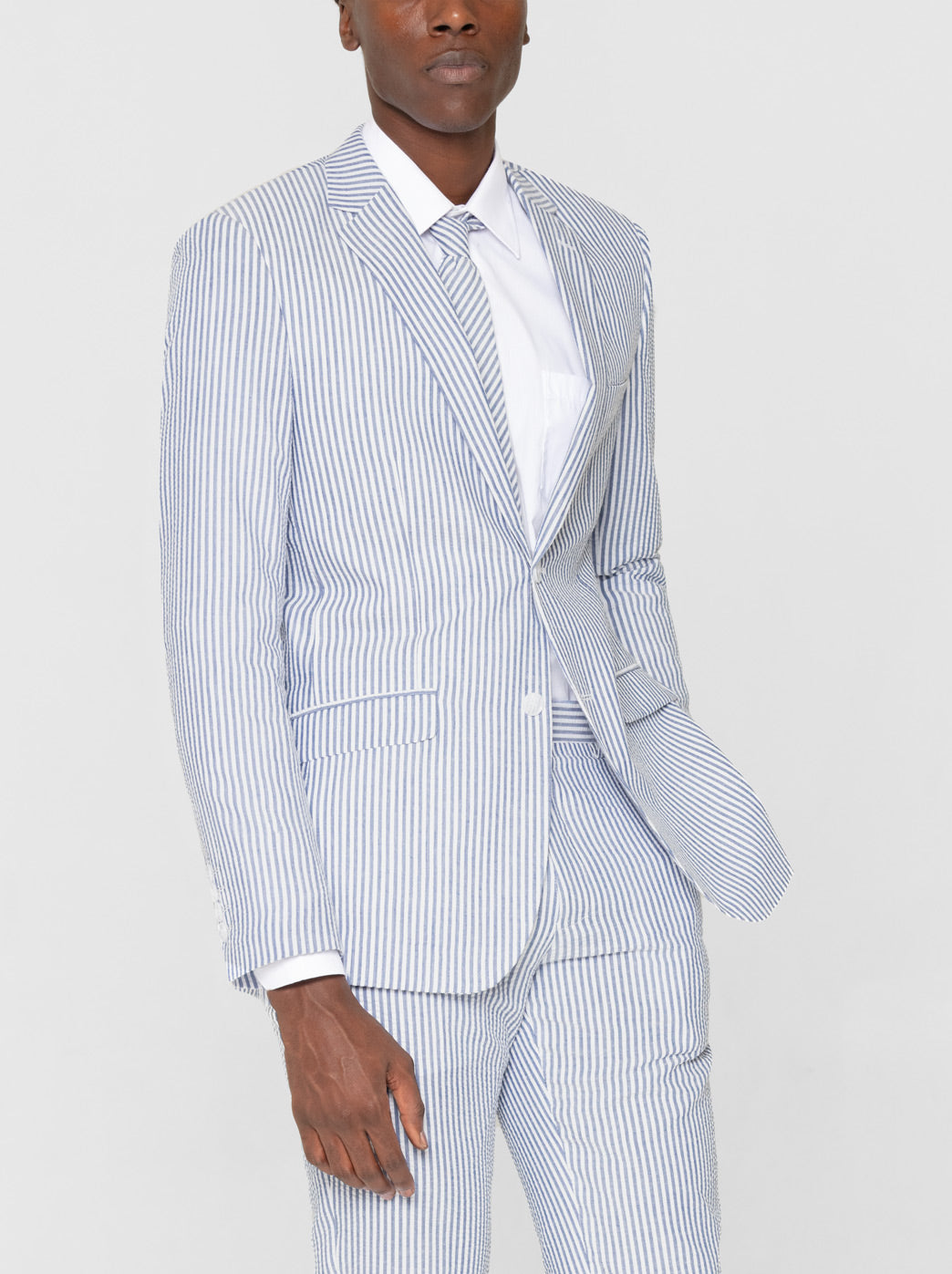 Navy Blue and White Seersucker Two Button Suit by Alain Dupetit
