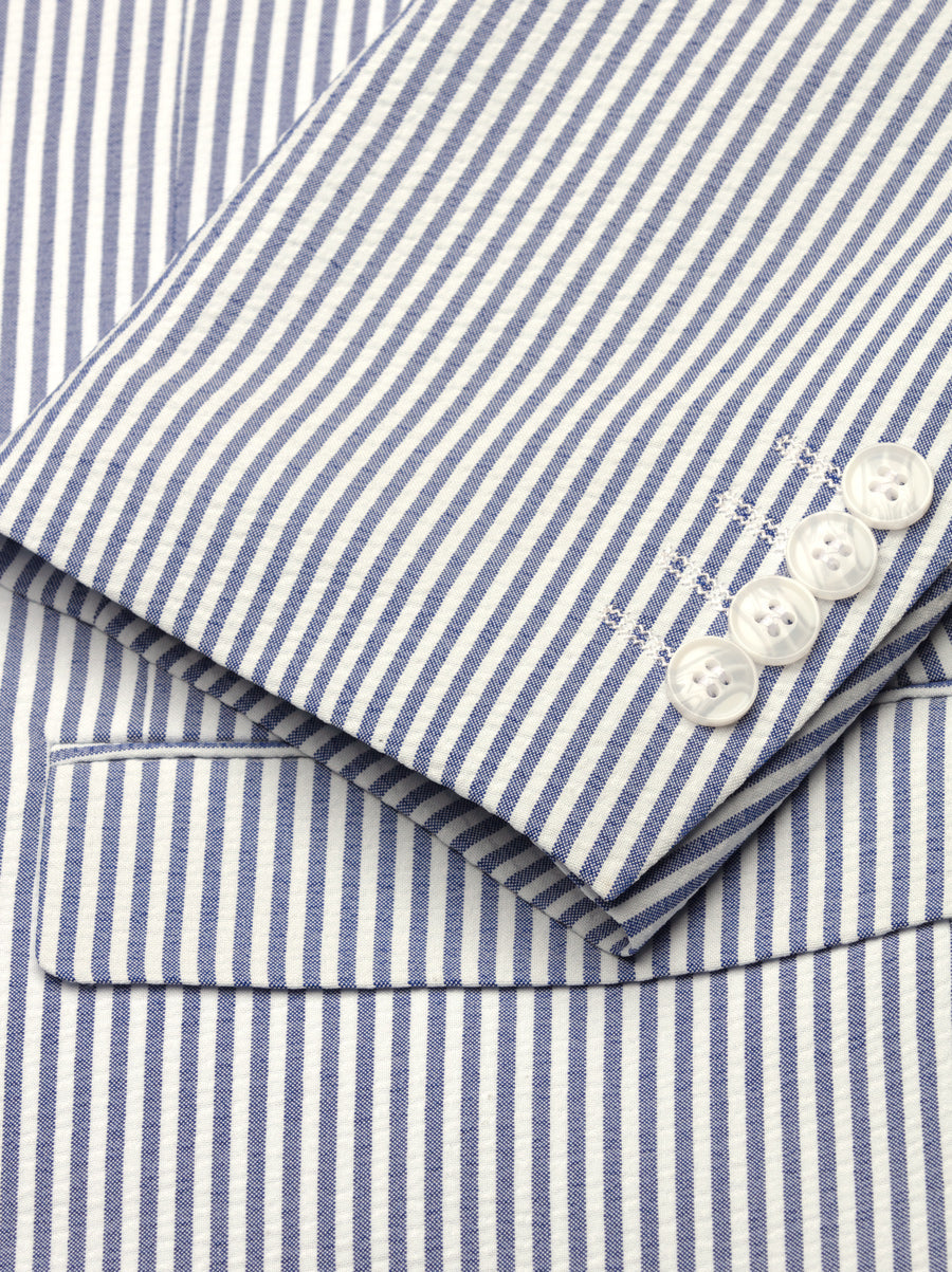 Navy Blue and White Seersucker Two Button Suit by Alain Dupetit