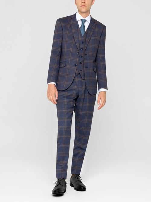 Cornflower Blue & Brown Plaid Three Piece Suit