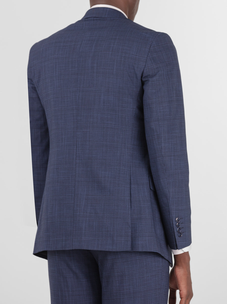 Dark Blue Plaid Three Piece Peak Lapel Suit