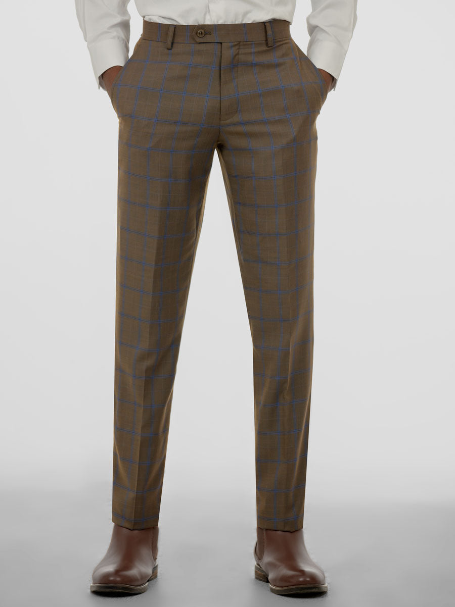 Golden Brown & Blue Windowpane Two Button Suit