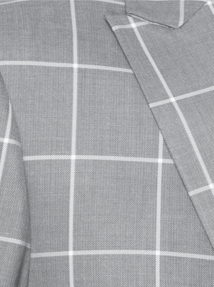 Grey Windowpane Two Button Peak Lapel Ticket Pocket Suit
