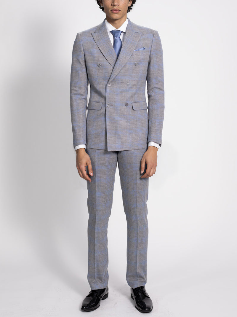 Light Grey Blue Windowpane Double Breasted Suit