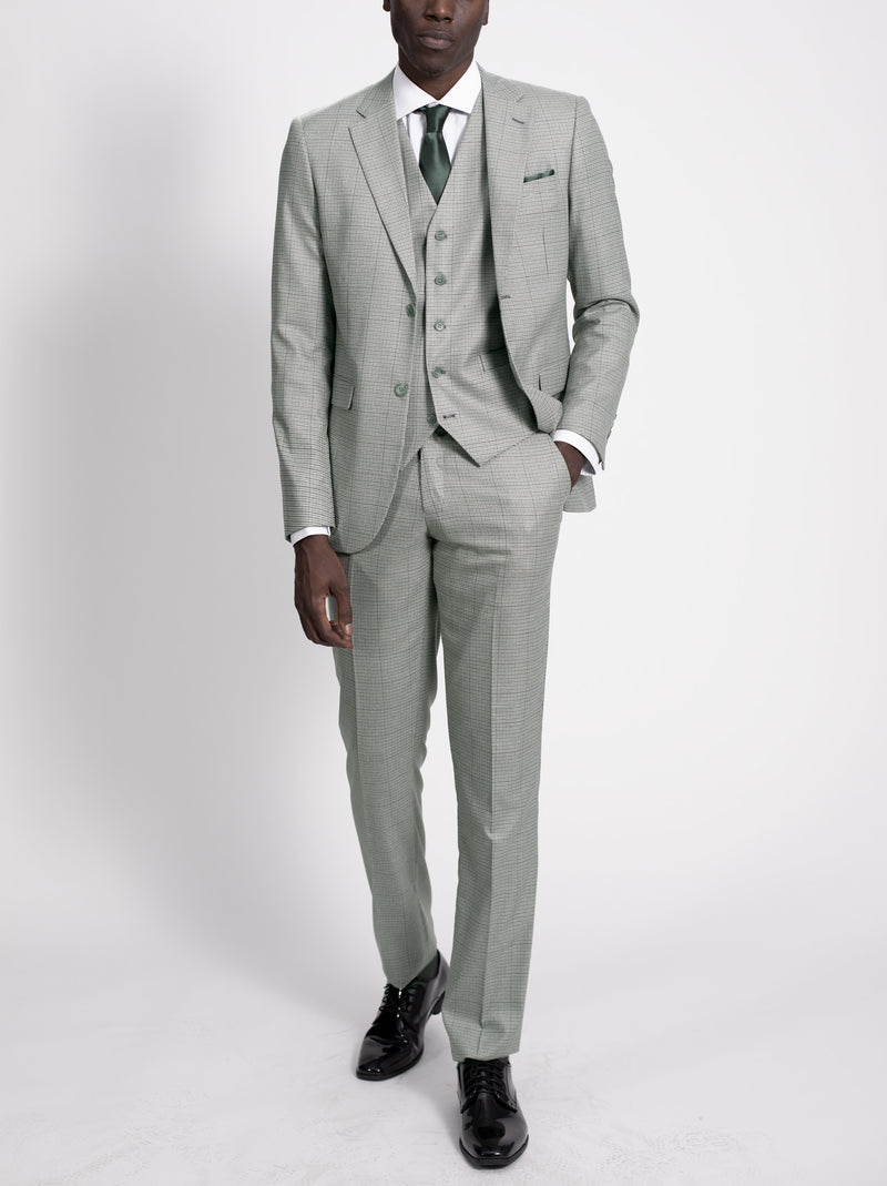 Light Olive Houndstooth Check Three Piece Suit