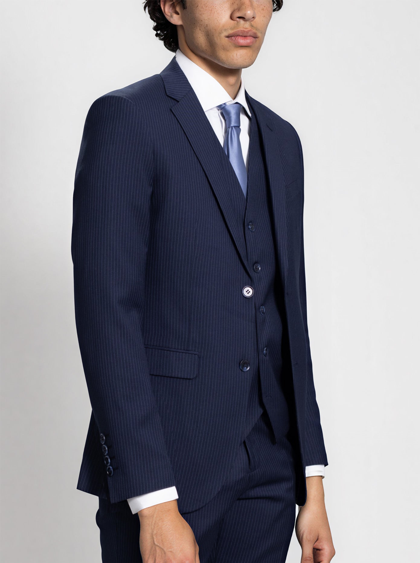 Navy Blue Pinstripe Three Piece Suit by Alain Dupetit