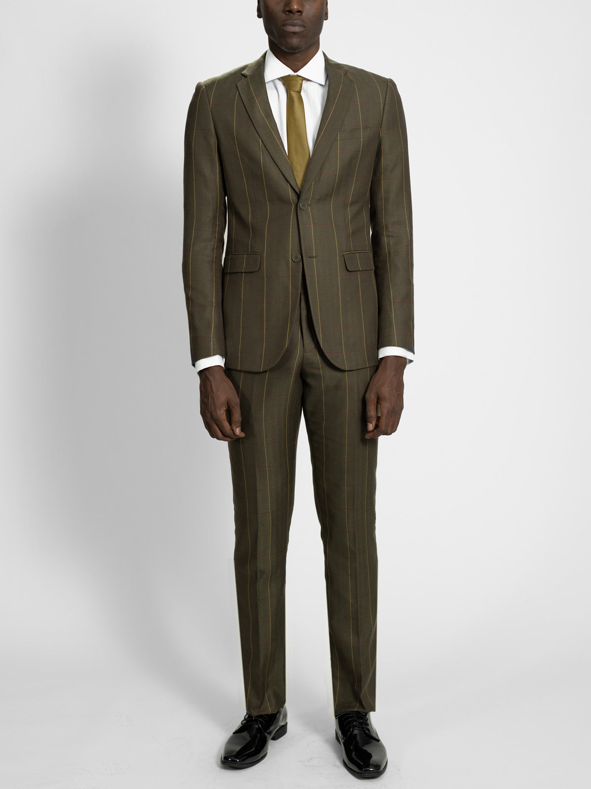 Olive Green Herringbone Windowpane Two Button Suit by Alain Dupetit