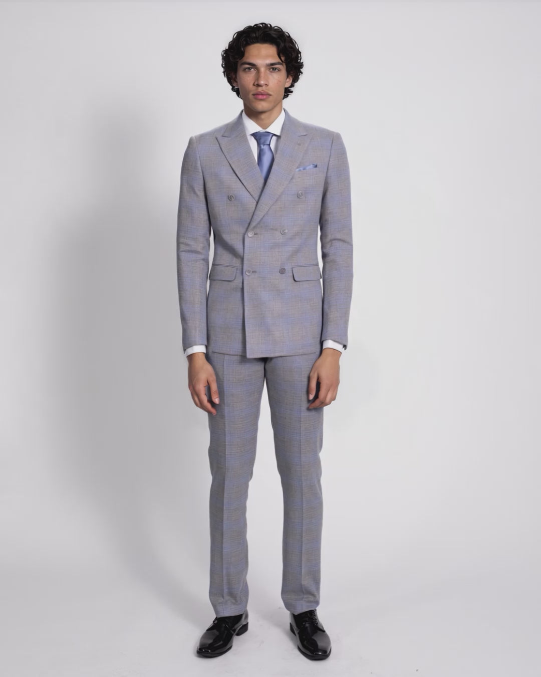 Light Grey Blue Windowpane Double Breasted Suit