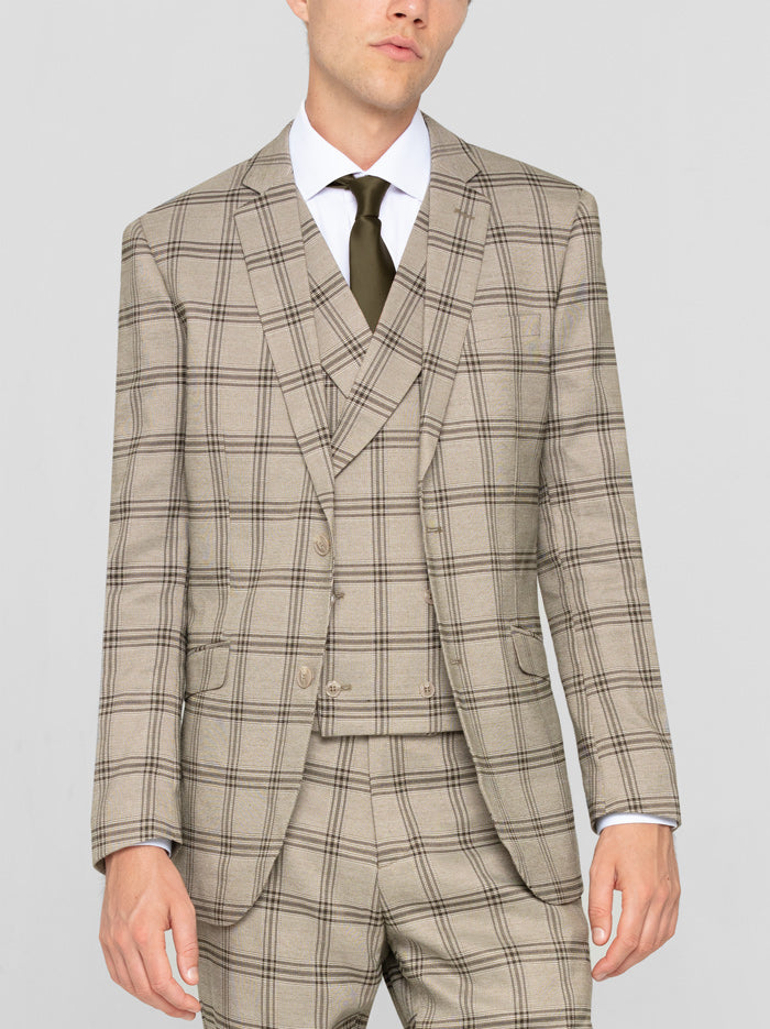 Sage Plaid Three Piece Double Breasted Vest Suit