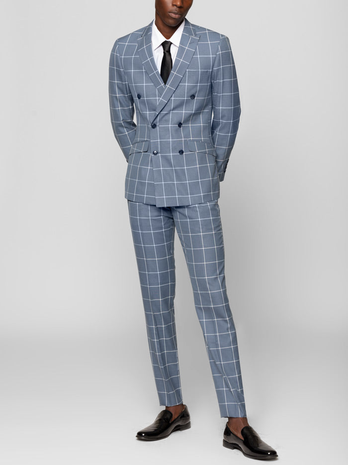 Blue Grey Windowpane Double Breasted Suit