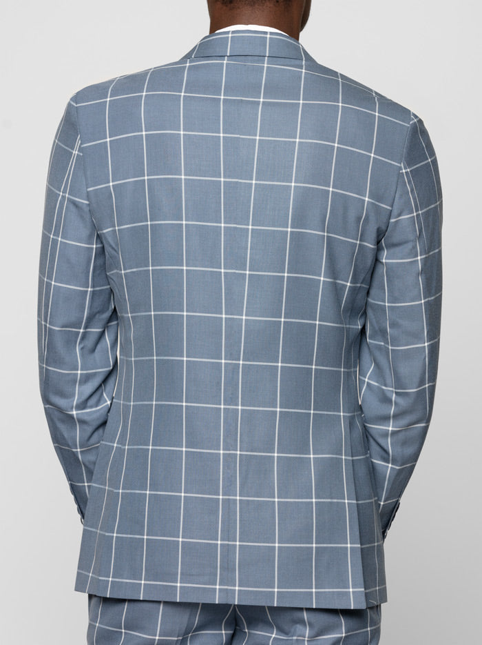 Blue Grey Windowpane Double Breasted Suit