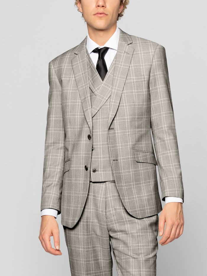 Light Grey Plaid Three Piece Double Breasted Vest Suit