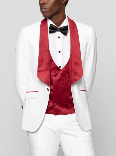 White With Burgundy Wide Shawl Lapel Tuxedo Alain Dupetit