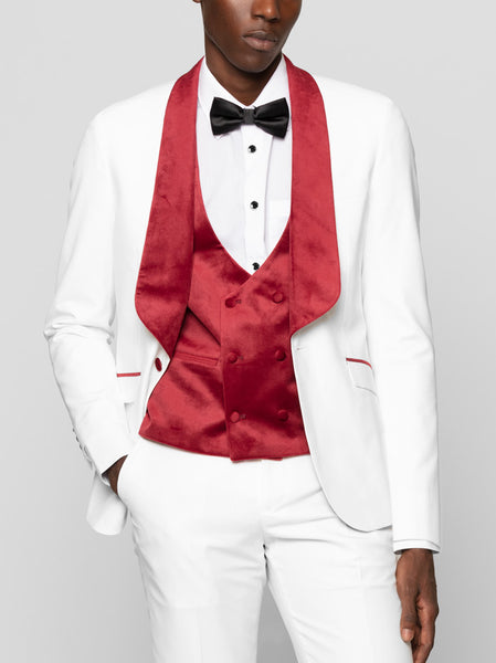 White With Burgundy Wide Shawl Lapel Tuxedo Alain Dupetit