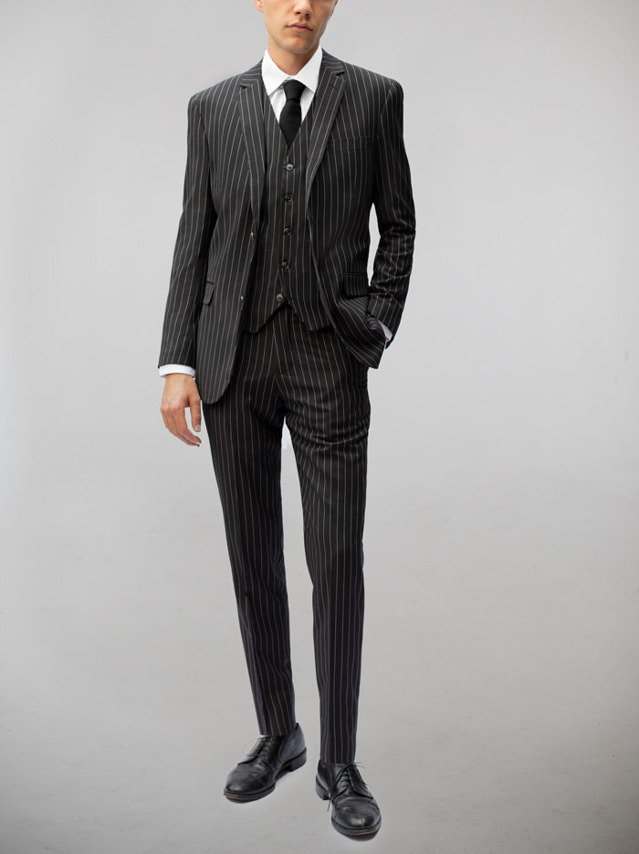 Black Pinstripe Three Piece Suit by Alain Dupetit 44R/38W