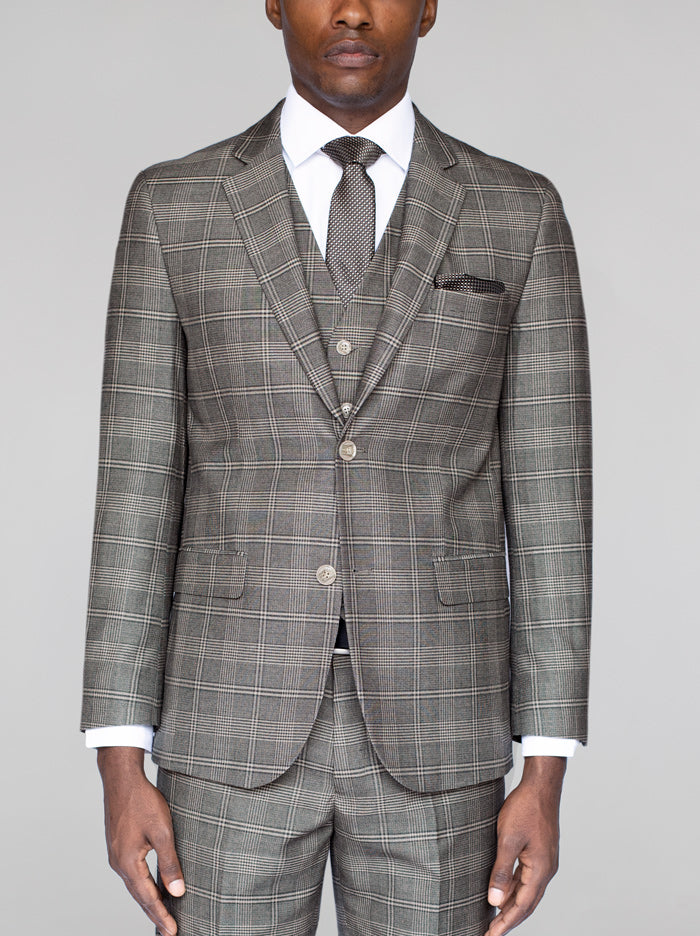 Grey & Off-White Plaid Three Piece Suit