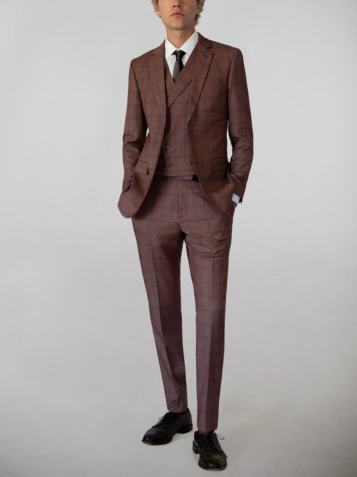 Rust Plaid Three Piece Double Breasted Vest Suit